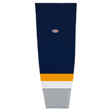 Load image into Gallery viewer, Striped Dry-Flex Moisture Wicking Navy/Grey/Gold Hockey Socks
